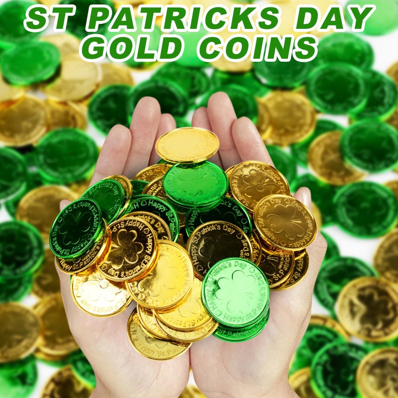 Qumenan 168 PCS St Patricks Day Coins Plastic Gold and Green St Patrick's Day Coins Decorations Party Lucky Patrick Shamrock Leprechaun Clover Favors for Irish Supplies - Image 3
